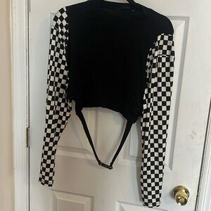 SHEIN y2k moto crop top with buckle detail and checker print long sleeves